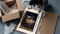 Man in red cloak holding lantern framed print being unpacked from protective bubble wrap and a box