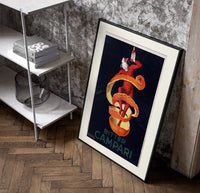 Clown wrapped in orange peel poster in a black frame leaning beside a shelf in a raw-plaster loft