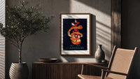 Clown wrapped in orange peel poster framed above a fluted sideboard beside an olive tree