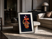 Clown wrapped in orange peel print in a black frame leaning on a travertine table in a sunlit lounge