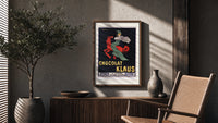 Woman in green riding red horse poster framed above a fluted sideboard beside an olive tree