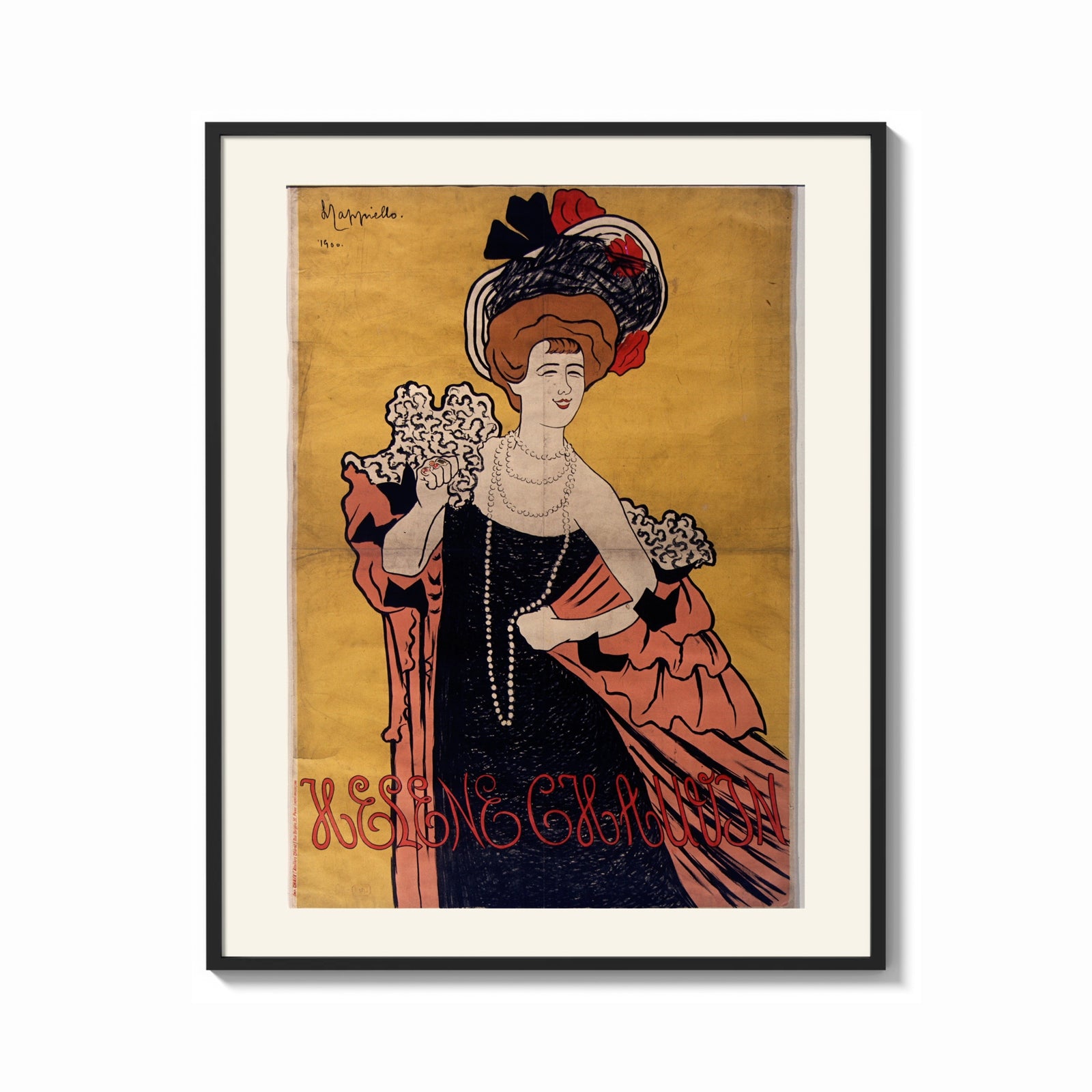 Framed Elegant woman in evening gown print shown as a bold statement piece on a clean gallery wall