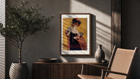 Elegant woman in evening gown poster framed above a fluted sideboard beside an olive tree