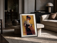 Elegant woman in evening gown print in a black frame leaning on a travertine table in a sunlit lounge