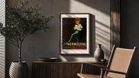 Fire-breathing man clutching cotton wool poster framed above a fluted sideboard beside an olive tree