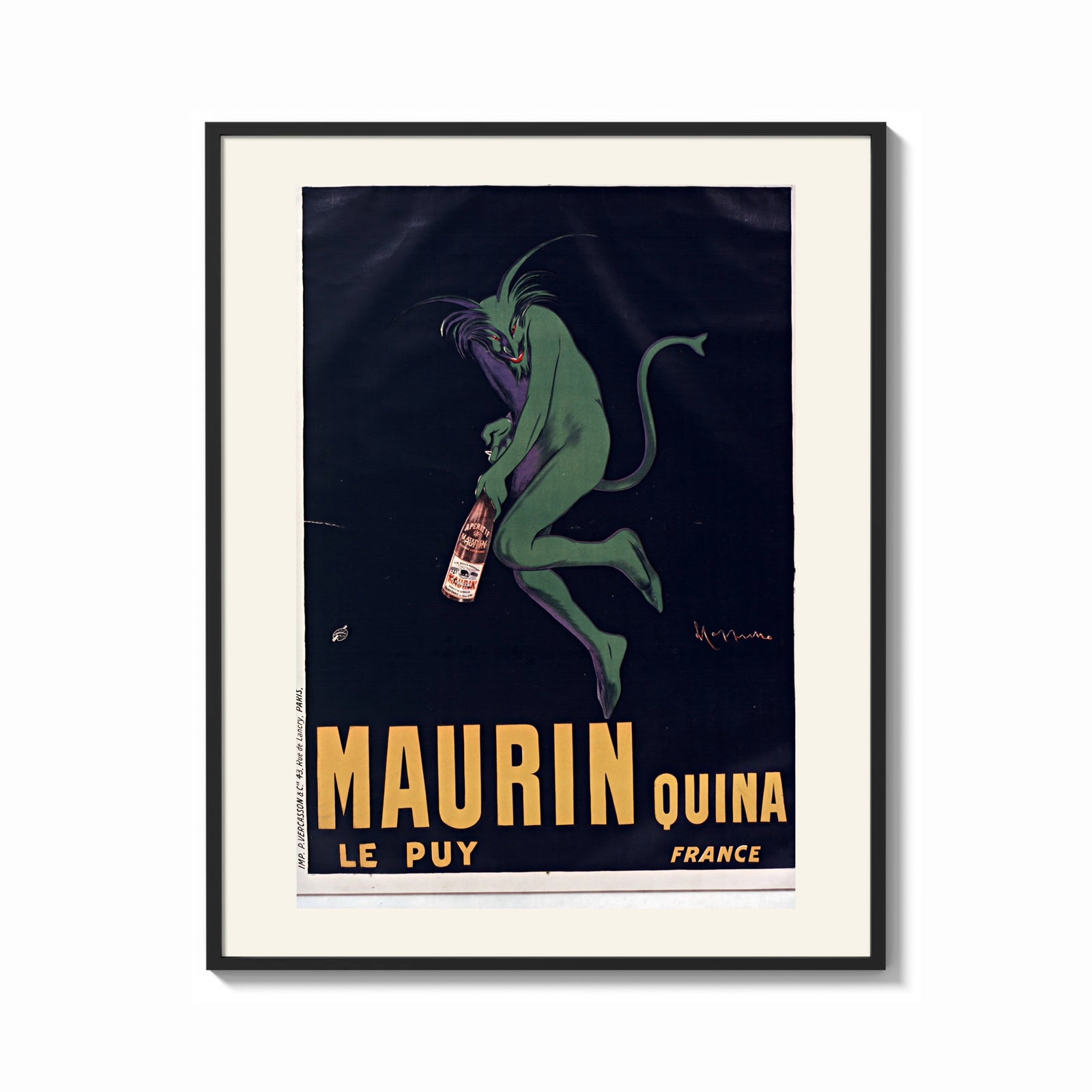 Framed Green devil holding aperitif bottle print shown as a bold statement piece on a clean gallery wall