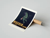 Rolled Green devil holding aperitif bottle poster beside its crush-resistant kraft shipping tube