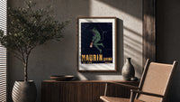 Green devil holding aperitif bottle poster framed above a fluted sideboard beside an olive tree
