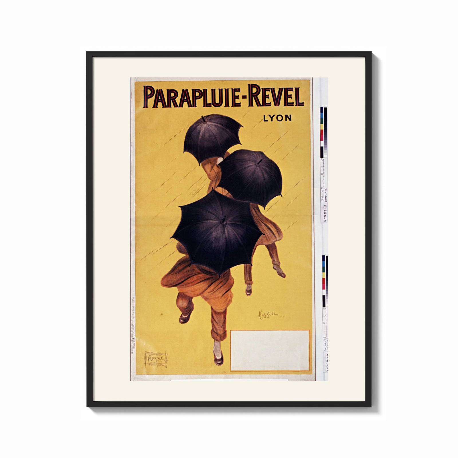 Framed People walking with black umbrellas print shown as a bold statement piece on a clean gallery wall