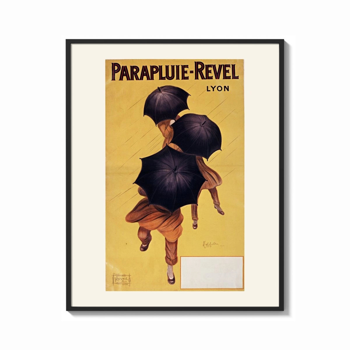Framed Cappiello Parapluie-Revel figures under black umbrellas print shown as a bold statement piece on a clean gallery wall