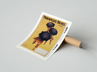 Rolled People walking with black umbrellas poster beside its crush-resistant kraft shipping tube