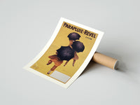 Gently curled Cappiello Parapluie-Revel figures under black umbrellas print beside its protective shipping tube
