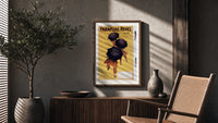 People walking with black umbrellas poster framed above a fluted sideboard beside an olive tree