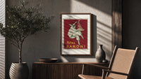 Pierrot serving plate of spaghetti poster framed above a fluted sideboard beside an olive tree