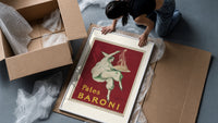 Pierrot serving plate of spaghetti framed print being unpacked from protective bubble wrap and a box