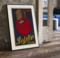 Bearded man with fur hat print in a black frame leaning beside a vintage door on parquet
