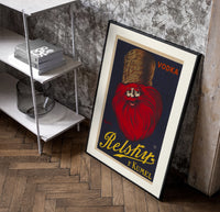 Bearded man with fur hat poster in a black frame leaning beside a shelf in a raw-plaster loft