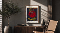 Bearded man with fur hat poster framed above a fluted sideboard beside an olive tree