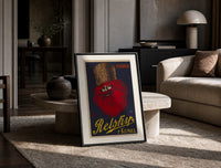 Bearded man with fur hat print in a black frame leaning on a travertine table in a sunlit lounge