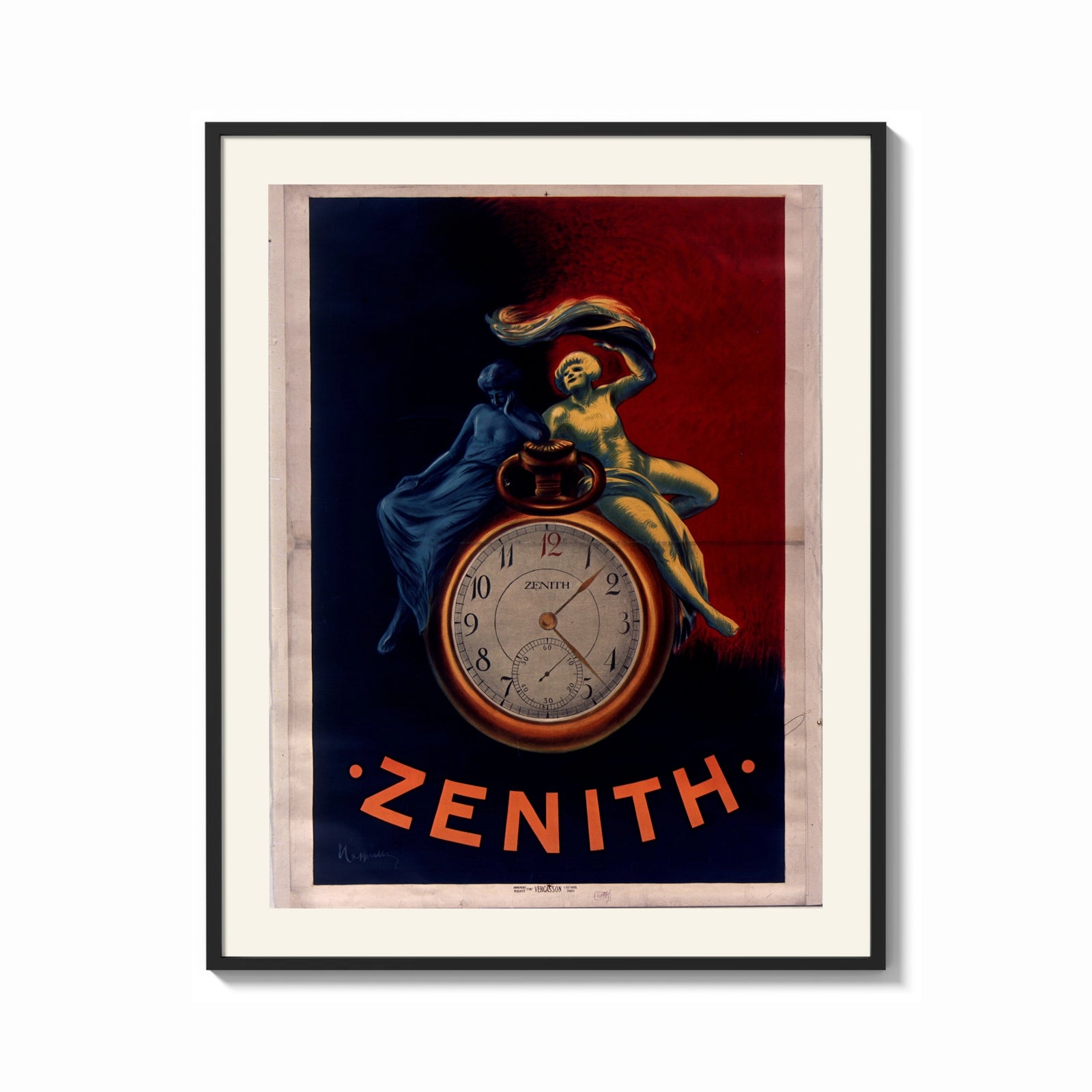 Framed Two figures atop a pocket watch print shown as a bold statement piece on a clean gallery wall