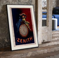 Two figures atop a pocket watch print in a black frame leaning beside a vintage door on parquet