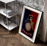Two figures atop a pocket watch poster in a black frame leaning beside a shelf in a raw-plaster loft