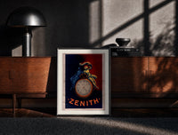 Black-framed Two figures atop a pocket watch print on a moody console with designer coffee-table books