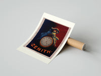Rolled Two figures atop a pocket watch poster beside its crush-resistant kraft shipping tube
