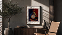 Two figures atop a pocket watch poster framed above a fluted sideboard beside an olive tree