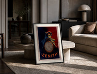 Two figures atop a pocket watch print in a black frame leaning on a travertine table in a sunlit lounge