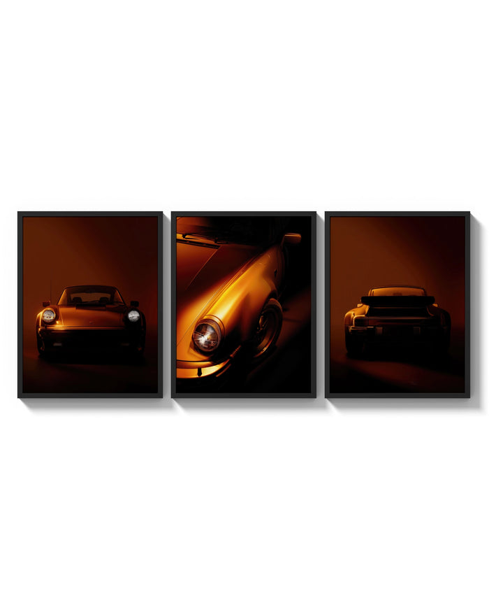 Porsche 911 Wall Art Set triptych arranged on a bright gallery wall