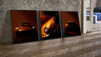 Porsche 911 Wall Art Set three-piece set leaning on parquet beside a vintage loft door