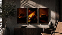Porsche 911 Wall Art Set triptych in three walnut frames above a sideboard in a warm room