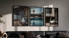 Porsche 911 Coastal Poster Set triptych in three black frames on a grey wall above a leather sofa