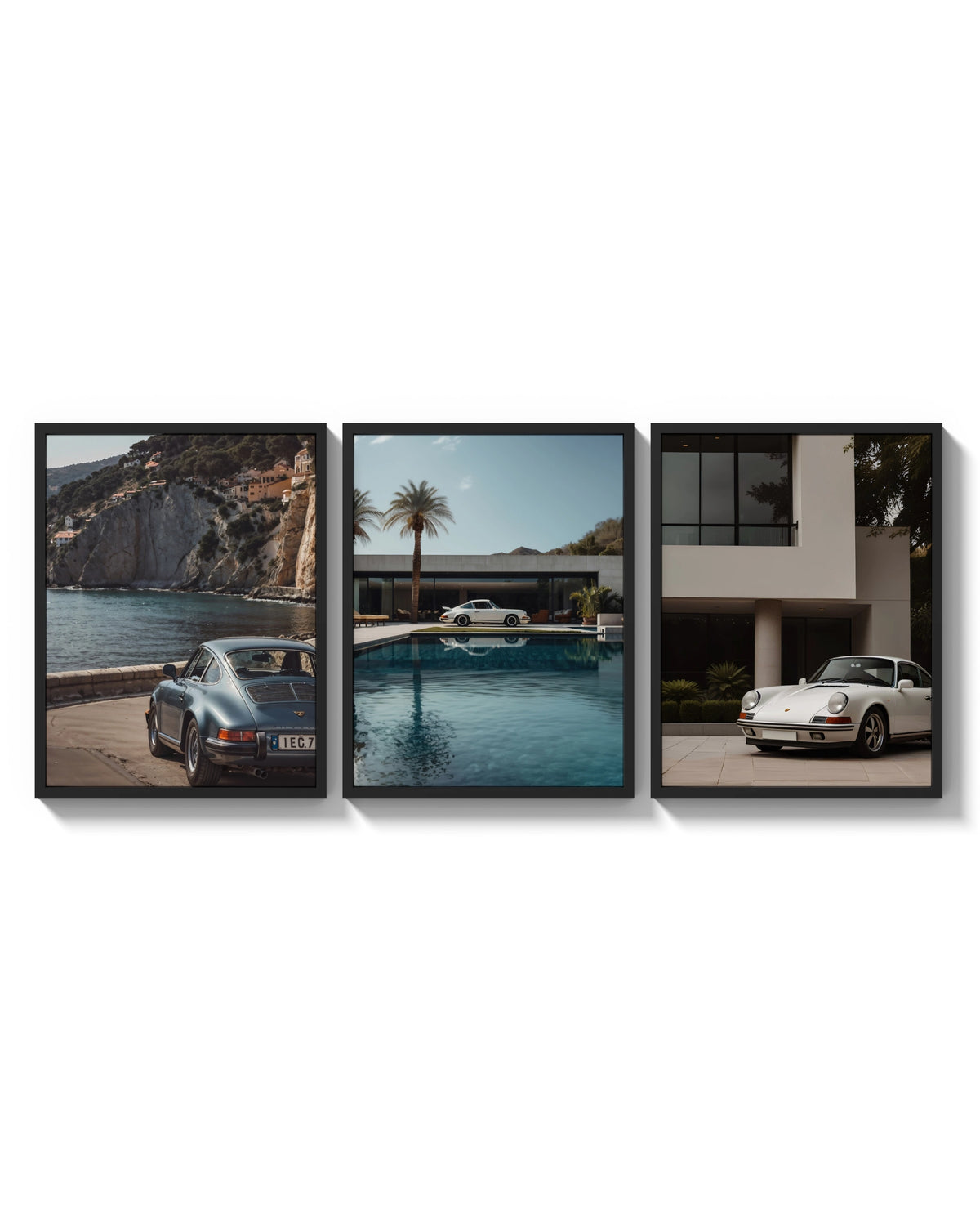 Porsche 911 Coastal Poster Set triptych arranged on a bright gallery wall