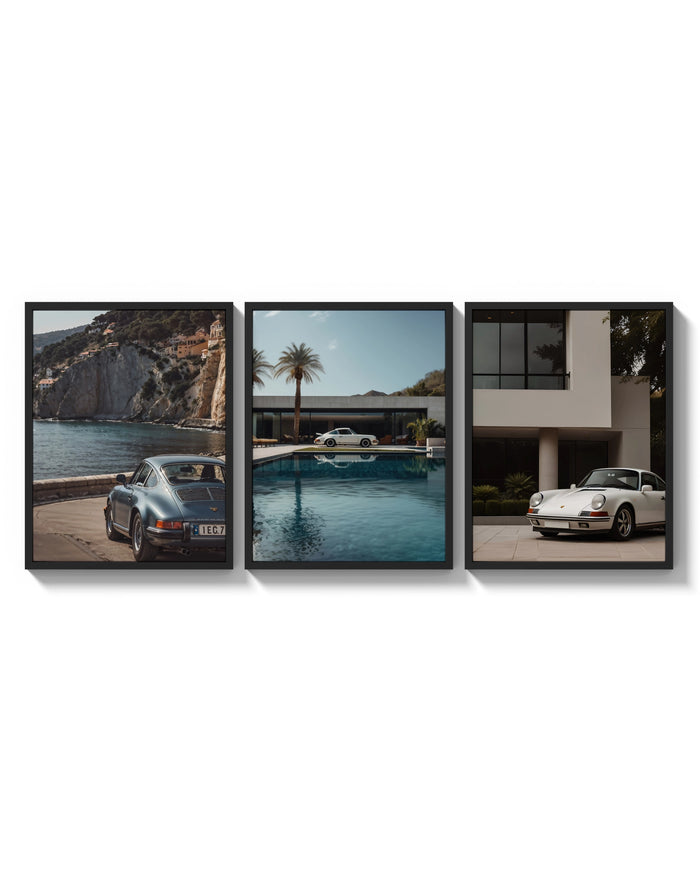 Porsche 911 Coastal Poster Set triptych arranged on a bright gallery wall