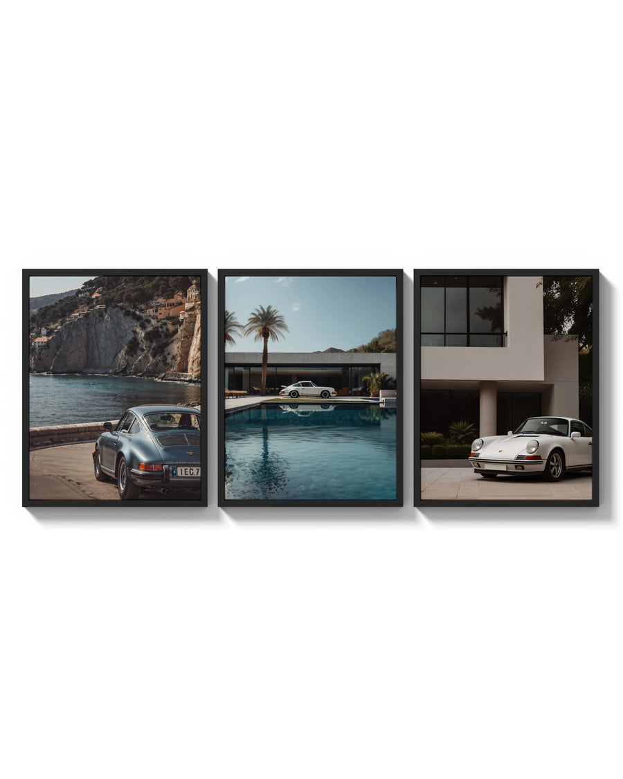Porsche 911 Coastal Poster Set triptych arranged on a bright gallery wall
