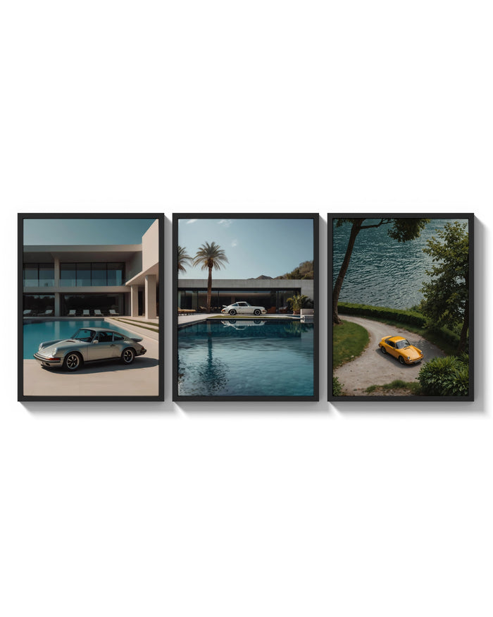 Vintage Porsche 911 Poster Set triptych arranged on a bright gallery wall