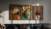 Cash and Gemstone Rings Set of 3 in black frames on a grey wall above a leather sofa
