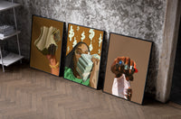 Cash and Gemstone Rings Set of 3 as black-framed prints leaning against a raw-plaster wall