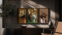 Cash and Gemstone Rings Set of 3 in walnut frames above a sideboard in a warm room