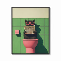 Framed Cat on the Toilet Reading the Paper print shown as a bold statement piece on a clean gallery wall