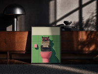 Black-framed Cat on the Toilet Reading the Paper print on the floor in front of a dark wooden console