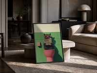 Cat on the Toilet Reading the Paper print on the floor, leaning against a travertine table
