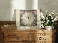 Antique celestial planisphere star chart print in an oak frame on a farmhouse dresser beside white tulips