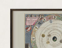 Close-up of the Antique celestial planisphere star chart print's dark wood frame corner and archival matte paper