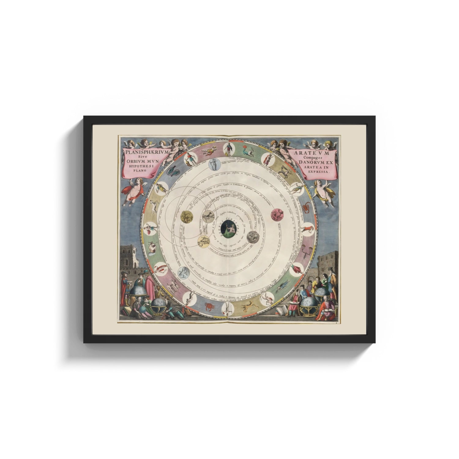 Framed Antique celestial planisphere star chart print shown as a wide statement piece on a clean white wall