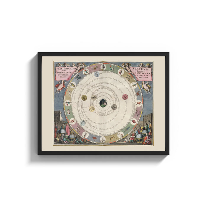 Framed Antique celestial planisphere star chart print shown as a wide statement piece on a clean white wall