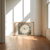 Antique celestial planisphere star chart print in an oak frame on a sunlit wood floor beneath tall window light