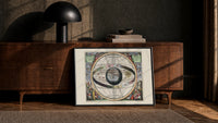 Ptolemaic celestial sphere armillary map print in a black frame leaning against a walnut console in lamplight